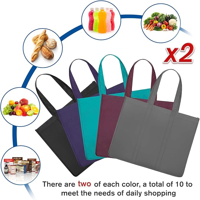 WISELIFE Reusable Grocery Shopping Bags 10 Pack Large Foldable Tote Bags Bulk - Image 3