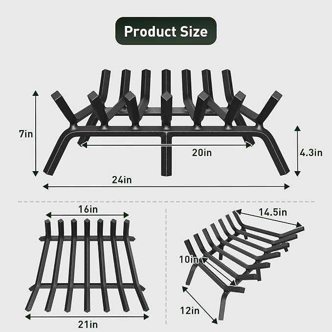 mestyl Fireplace Grate 24 Inch Heavy Duty Wrought Iron Fireplace Log Grate - Image 3