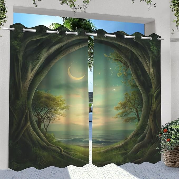 Forest Theme Waterproof Indoor/Outdoor Curtains, Trees Moon Lake Pattern - Image 2