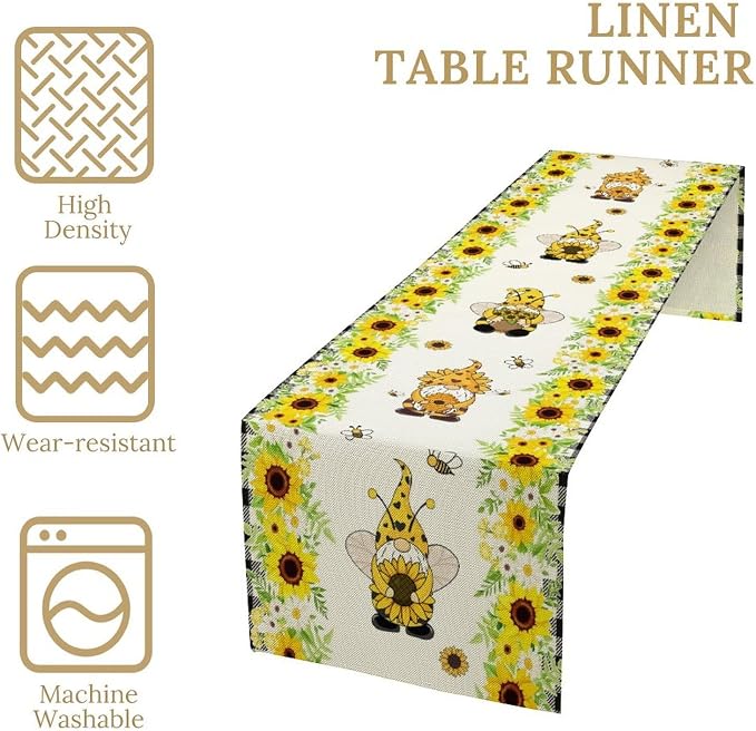 Summer Sunflower Gnome Table Runner, Buffalo Plaid Bee Farmhouse Seasonal Table - Image 6