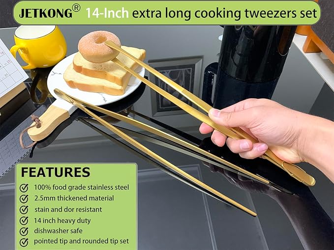 Tongs, 2 Pack 14-Inch Stainless Steel Gold Long Kitchen Tongs