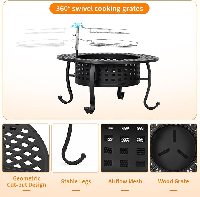FDW 36 Inch Fire Pit with 2 Adjustable Grills, Wood Burning Outdoor Fire Pit - Image 6