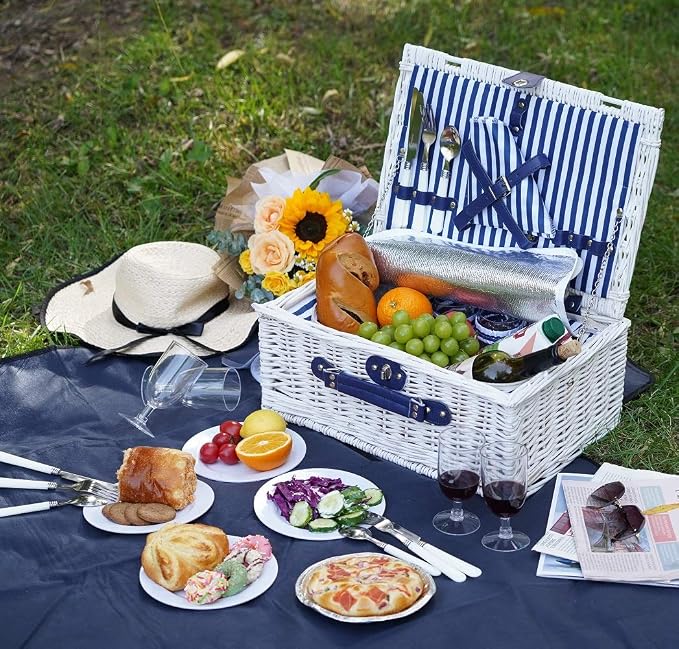 Picnic Basket Willow for 4 Persons, Large Wicker Hamper Set - Image 3