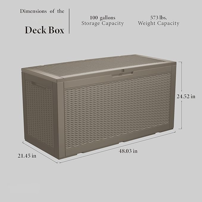 100 Gallon Lockable Resin Deck Box, Waterproof Outdoor Storage Box - Image 2