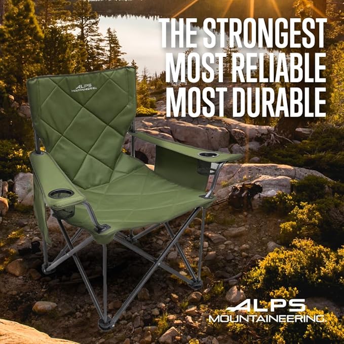 Folding Camp Chair, Green, 800 lb Capacity with Cup Holders