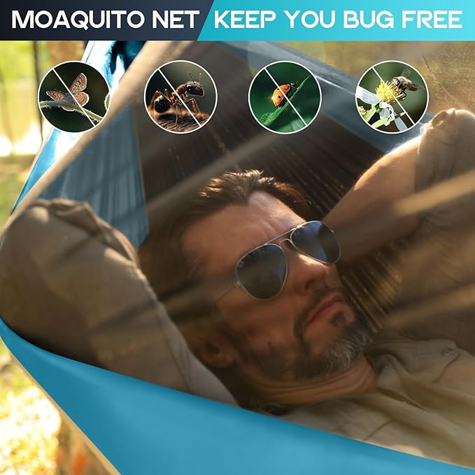 Hammock with Mosquito Net, Black & Blue Nylon, 114 x 57 Inch