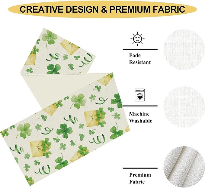Clover Table Runner, Retro Rustic Green Shamrock Yellow Envelope Spring - Image 5