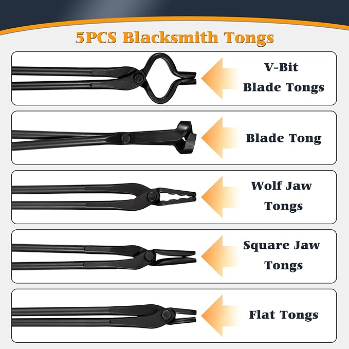 Tongs Set, 5-Piece Black Steel with V-Bit and Wolf Jaw