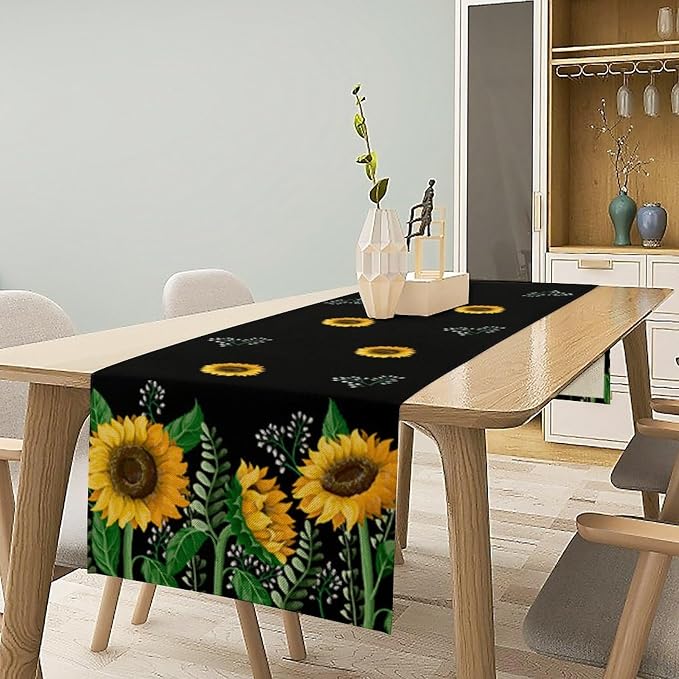 Sunflower Table Runner, Spring Summer Watercolor Floral Plants Leaves Print - Image 3