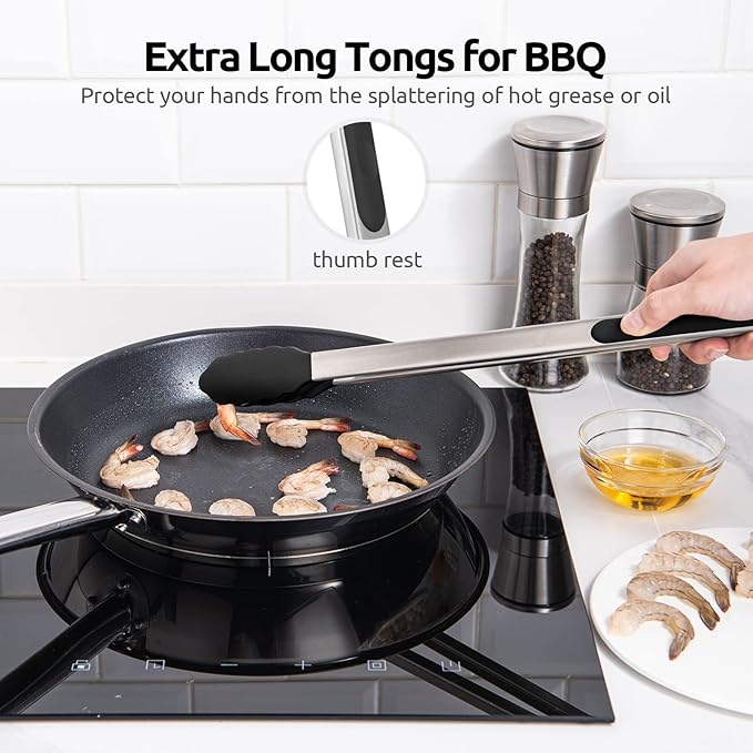Tongs, 16-Inch Black Stainless Steel with Silicone Tips and Lock