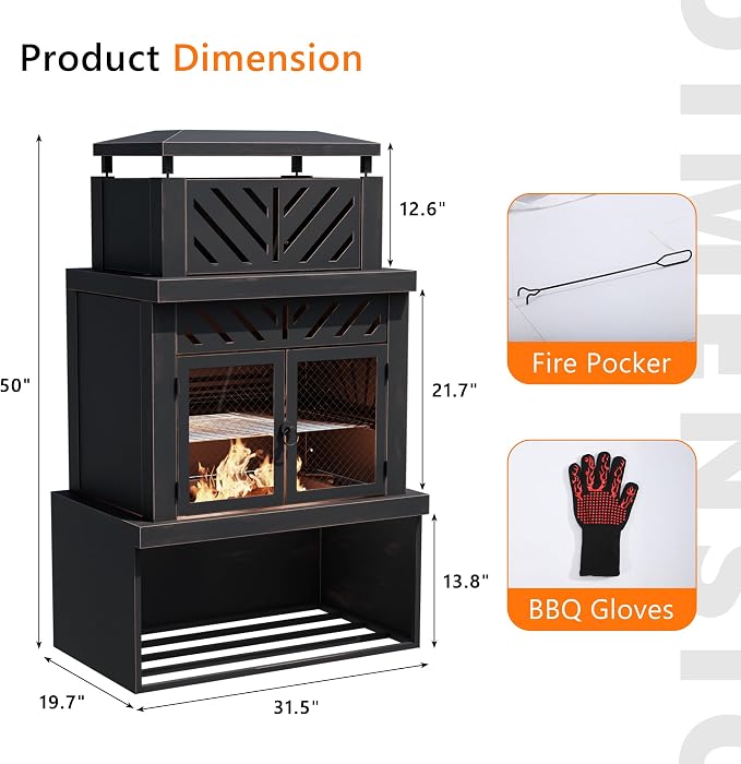 Outdoor Fireplace with Chimney and Wood Storage, Metal Wood Burning Fire Pit - Image 3