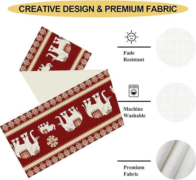 African Tribe Table Runner, Boho Red Elephants Tribal Traditional Diwali India - Image 5