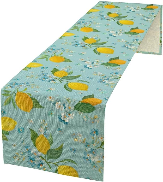 Farmhouse Lemon Fruit Table Runner, Nature Aesthetic Blue Flowers Plant by Unknown