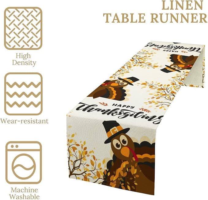 Thanksgiving Turkey Table Runner, Cartoon Turkey Autumn Branch Yellow Leaves - Image 3