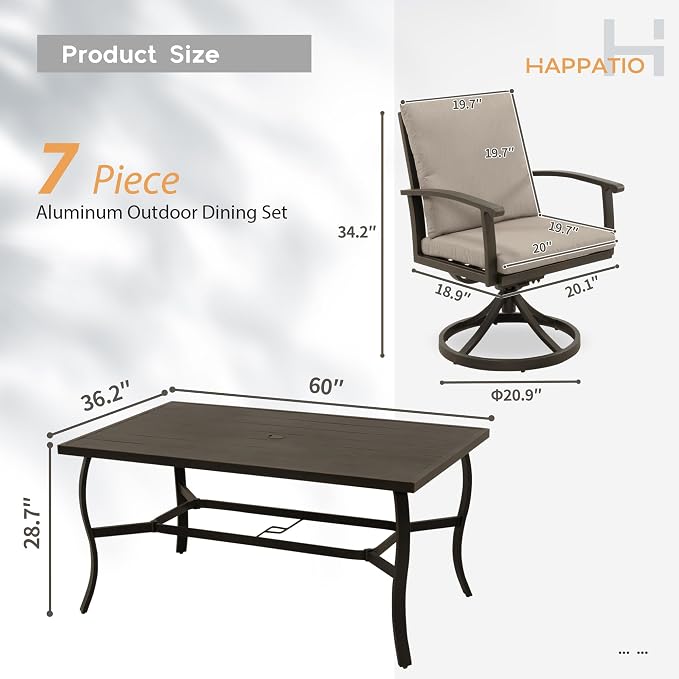 HAPPATIO 7 Piece Patio Swivel Dining Set, Aluminum Outdoor Dining Set - Image 9
