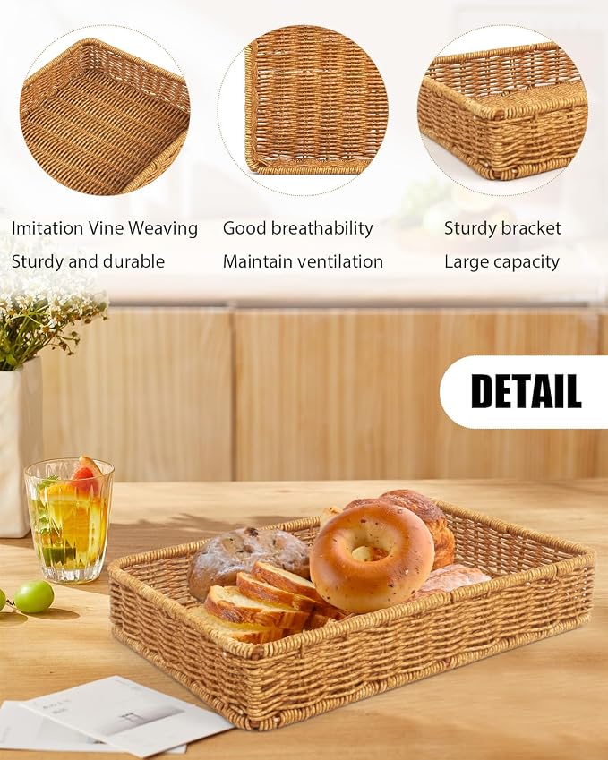 Woven Bread Basket, 3 Pack Wicker Fruit Baskets Rattan Bread Basket Poly Wicker - Image 3