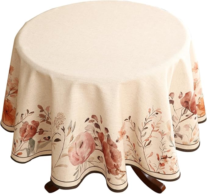 French Linen Round Tablecloth, Vintage Pink Table Floral Pattern Wrinkle Free by bilingaier