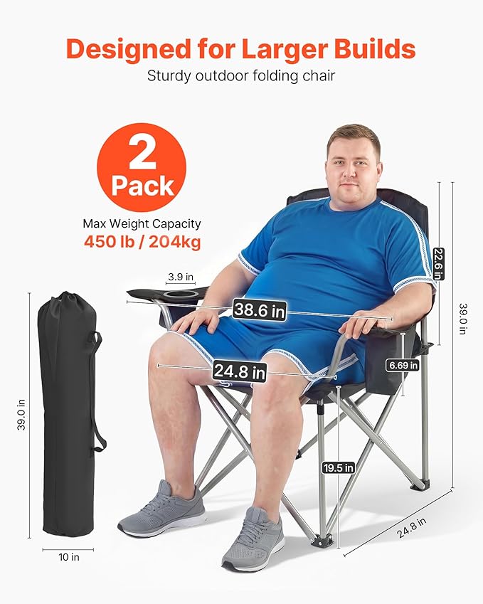 Folding Camping Chairs, Black 600D Oxford, 2-Pack
