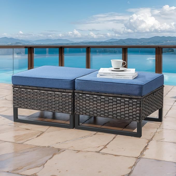 HUMMUH Outdoor Ottomans for Patio Set of 2 PE Wicker Outdoor Footstool by HUMMUH