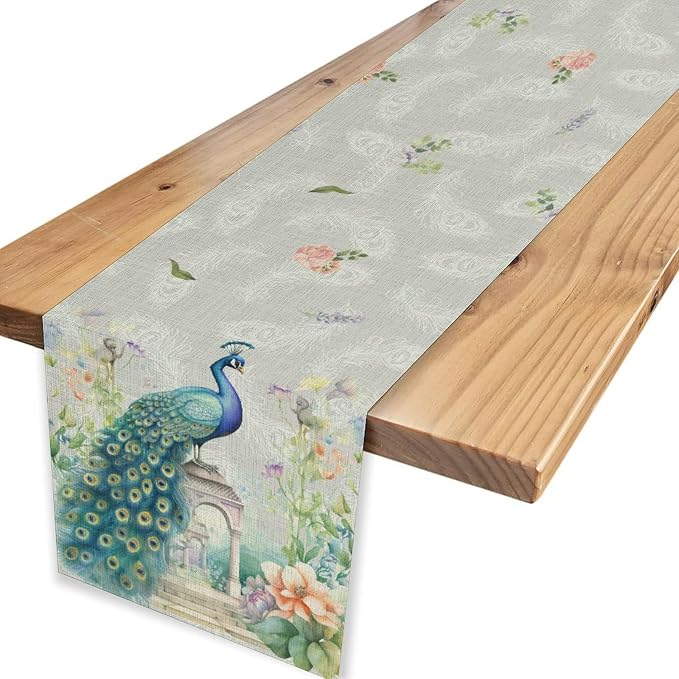 Peacock Table Runner, Watercolor Traditional Chinese Style Peacock Floral - Image 6
