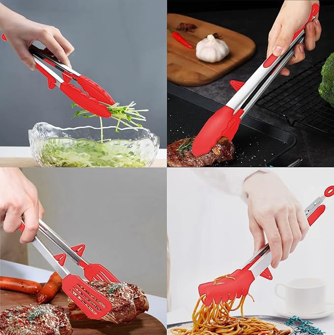 Tongs Set with Silicone Tips and Stainless Handles, Red 4-Piece Grilling Set