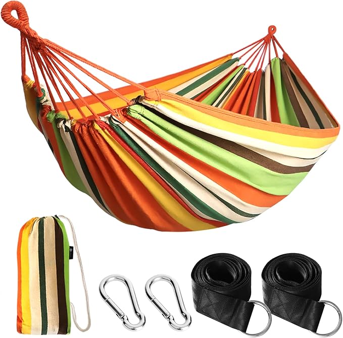 Camping Hammock in Orange Cotton with Anti-Rollover Design