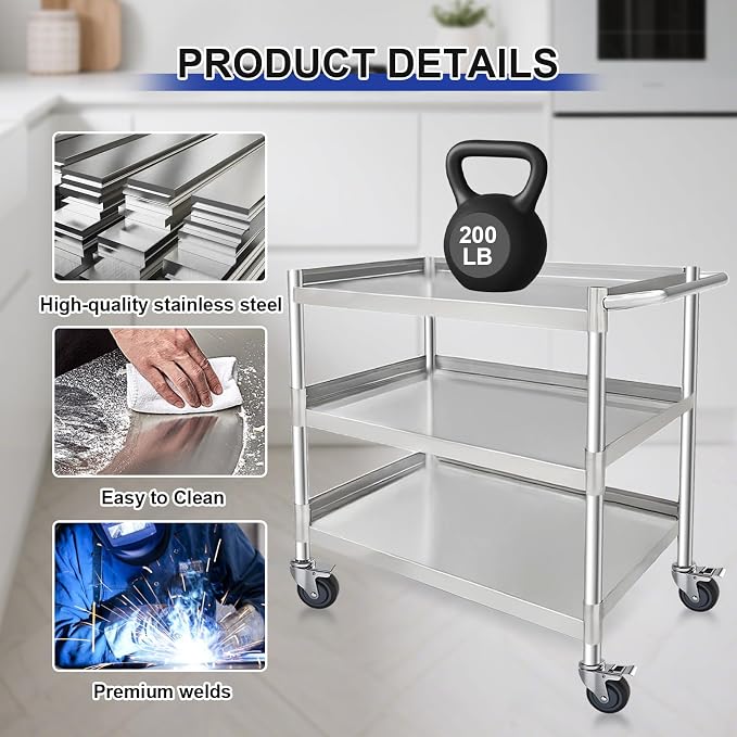 3 Tier Stainless Steel Utility Cart | Heavy Duty Metal Rolling Cart - Image 3