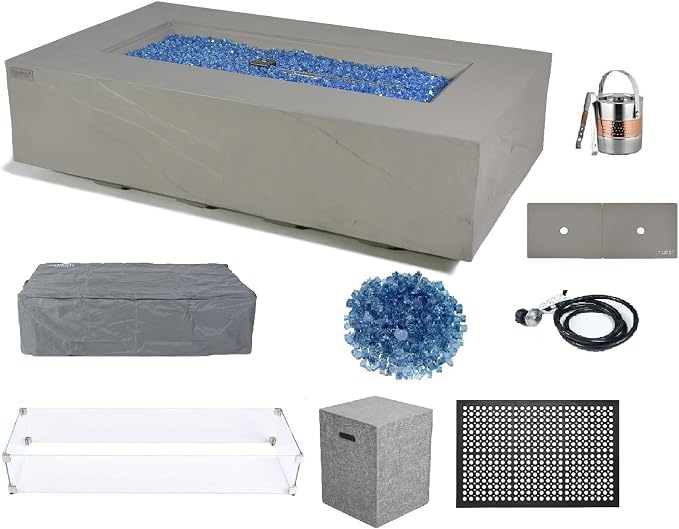 Elementi+ | Bundle Meteora Gas Fire Pit Cast Concrete 56" Rectangular Fire Table by AMSFireplaceInc
