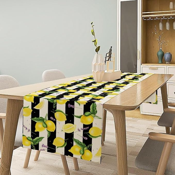 Farmhouse Lemon Fruit Table Runner Nature Aesthetic Black White Stripe Flowers - Image 2