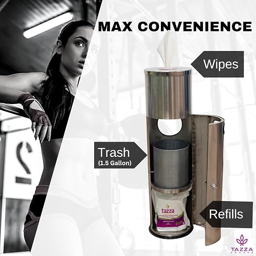 Tazza Gym Wipe Dispenser with Stainless Steel Floor Stand, Built-in Trash Can - Image 5