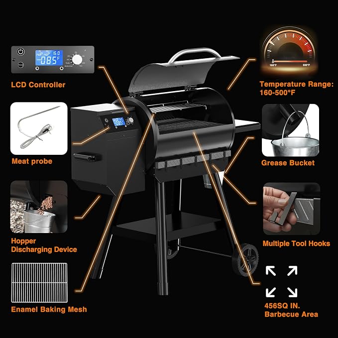 LCD Control Wood Pellet Smoker Grill, 456 SQ. IN Cook Area, Pellet Grill - Image 2