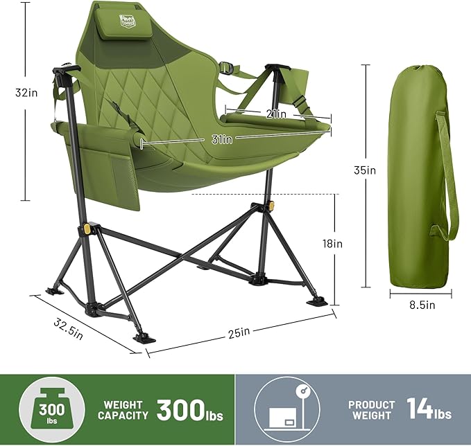 Folding Hammock Camping Chair in Green, Steel Frame, 300 lb Capacity