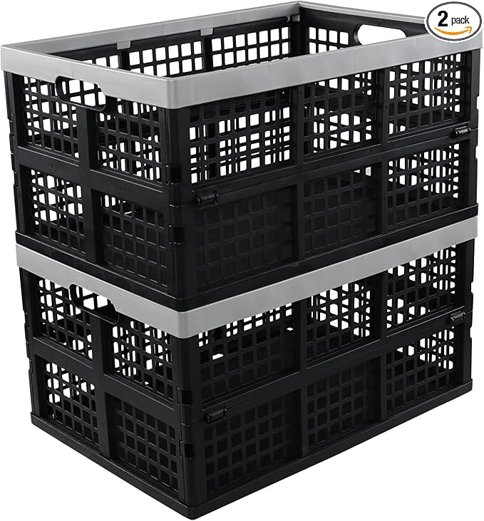 42 L Collapsible Crate Storage, Plastic Folding Storage Crates, 2 Pack by Ponpong