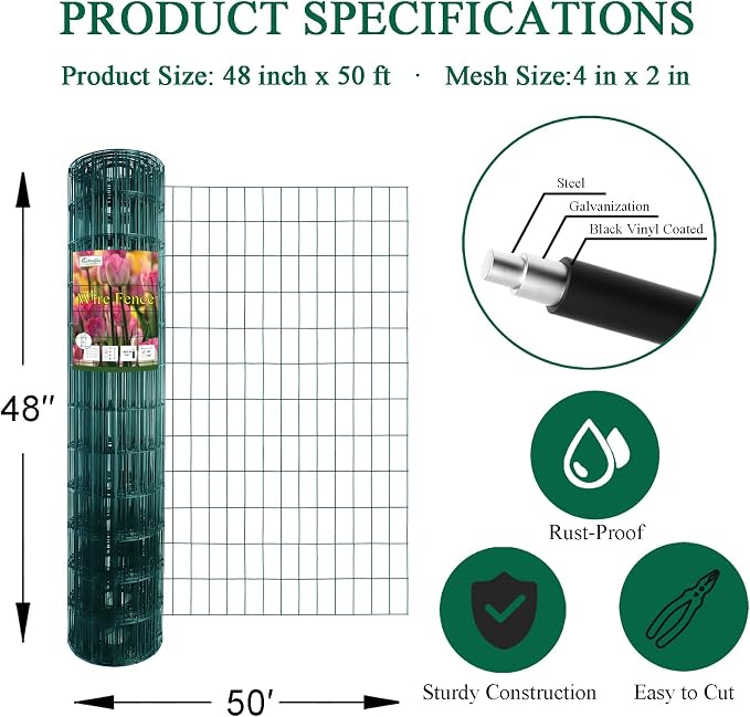 Green PVC Coated Welded Wire Fence 48 Inch x 50 Foot, 2 Inch x 4 Inch 14GA - Image 3