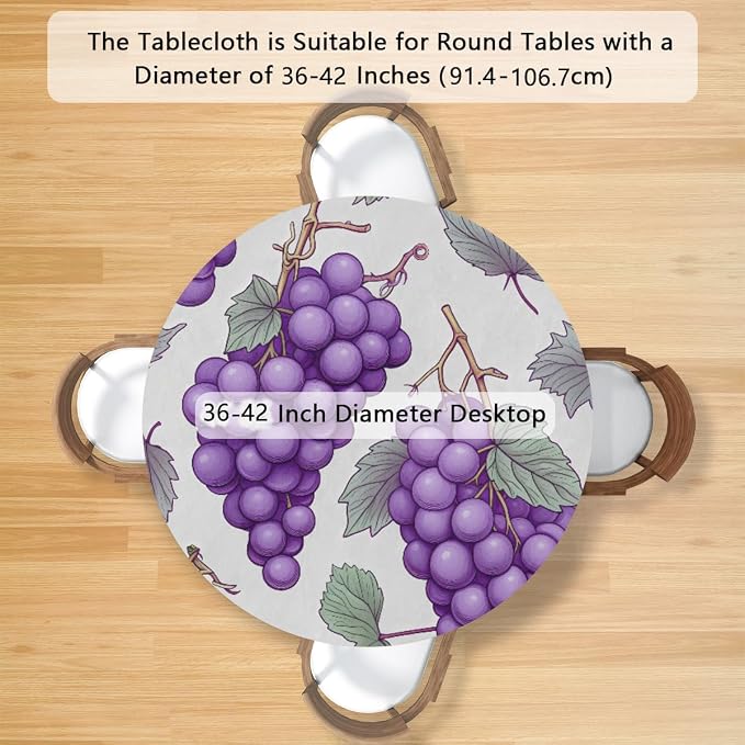 Grape Fruit Purple Leaves Round Table Cloth Cover, Elastic Edge Waterproof - Image 2