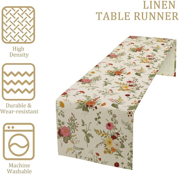Vintage Flower Table Runner, Rustic Farmhouse Retro Garden Botanical Plants - Image 4