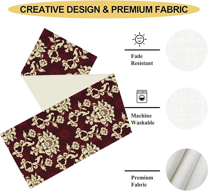 Red Damask Table Runner, Gothic Boho Baroque Style Floral Flower Antique - Image 5
