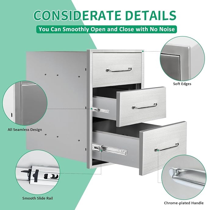 Outdoor Kitchen Drawers 14" W x 21" H x 21" D Stainless Steel Triple Drawers - Image 4
