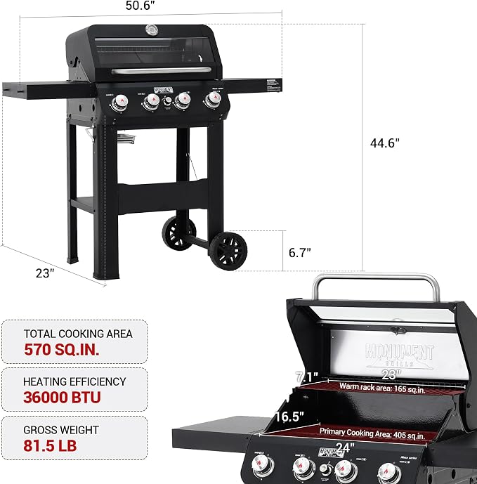 Monument Grills 4-Burner Liquid Propane Gas Grill, Matte Black Stainless Steel - Image 4