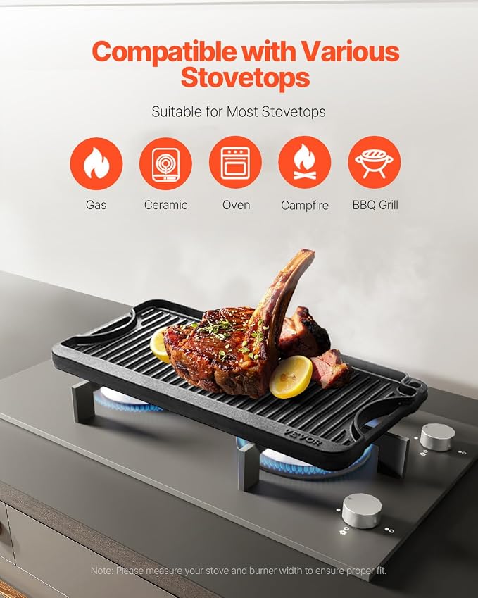 VEVOR Reversible Grill/Griddle, 20x10 inch Pre-Seasoned Cast Iron Griddle - Image 3