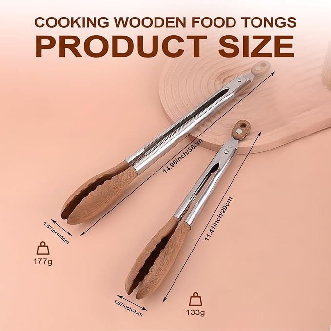 Kitchen Tongs 2 Pack, 13-Inch Walnut Wood and Stainless Steel with Lock