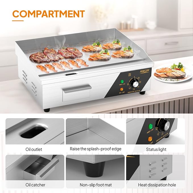 ROVSUN 22" Electric Countertop Flat Top Griddle, 1600W Electric Griddle - Image 6