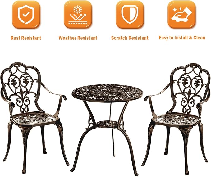 Patio Bistro Set of 2, Cast Aluminum, Outdoor Set w/Umbrella Hole, 3 Piece - Image 3