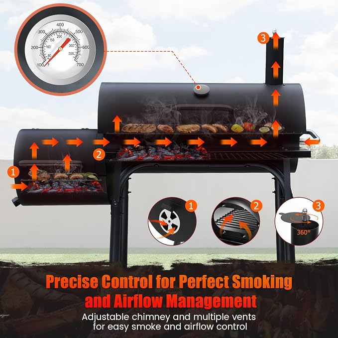 Realcook Charcoal Grills with Offest Smokers: Spacious Barrel Charcoal BBQ - Image 4