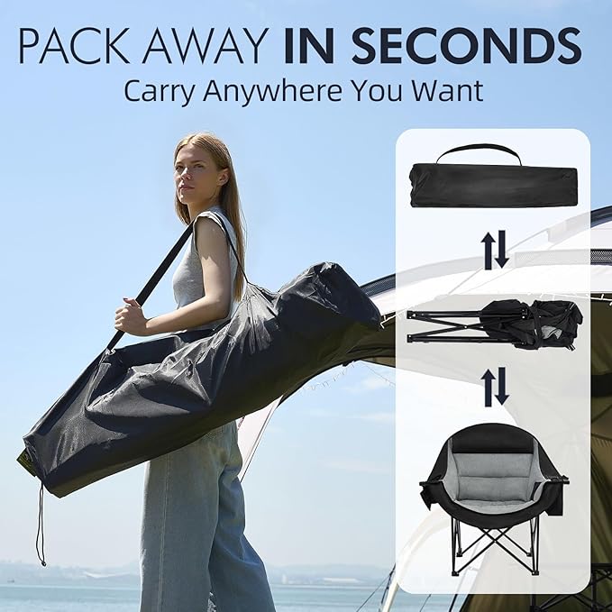 Camping Chair with Steel Frame, Cup Holder and Cooler Bag in Black