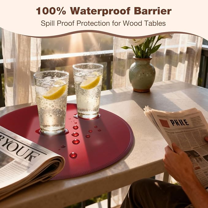 Round Vinyl Burgundy Placemats Set of 6, Faux Leather Waterproof Wipeable Heat - Image 5