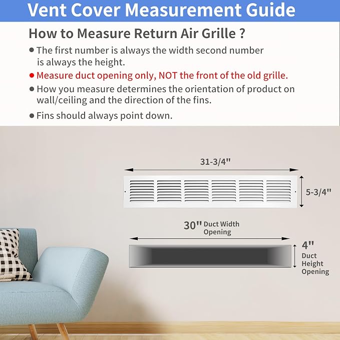 30"W x 4"H Steel Return Air Grille, Air Return Vent Cover - Image 5