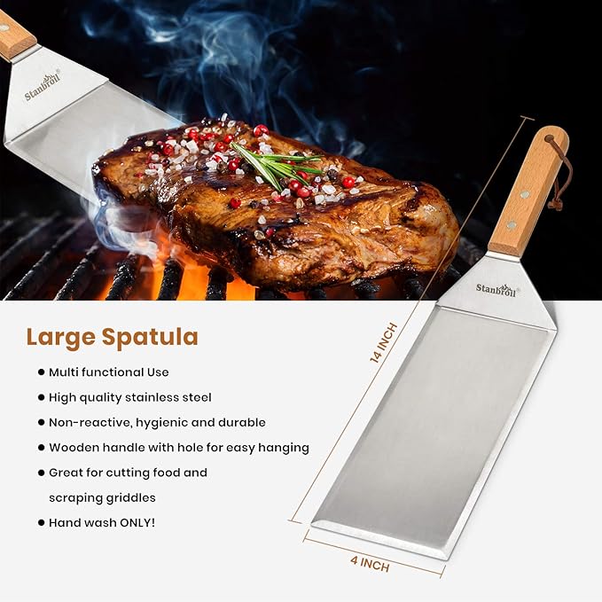 Barbecue Tool Set, 3-Piece Stainless Steel Griddle Spatulas, Wood Handles