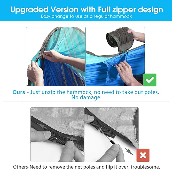 Hammock with Mosquito Net, 440 lb Capacity, Blue Nylon Pop-Up