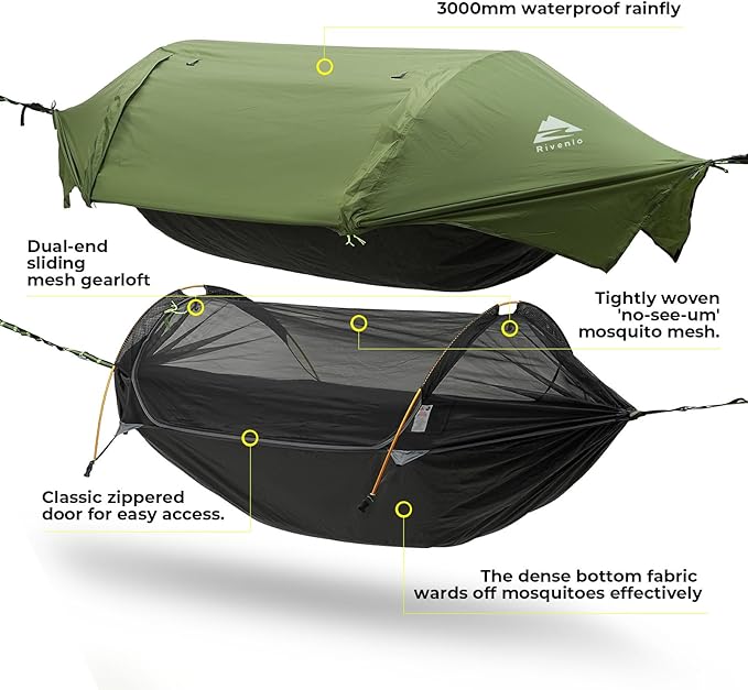 Hammock Tent with Mosquito Net and Rain Fly, Green, 440 lb Capacity